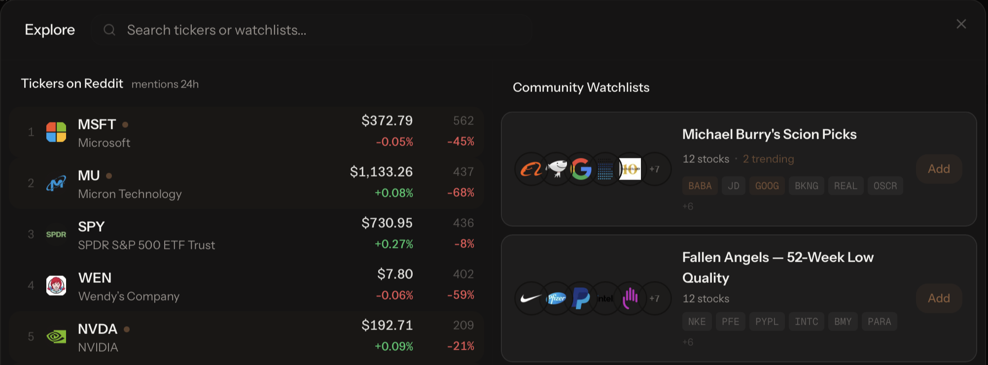 Explore overlay for searching tickers and community watchlists
