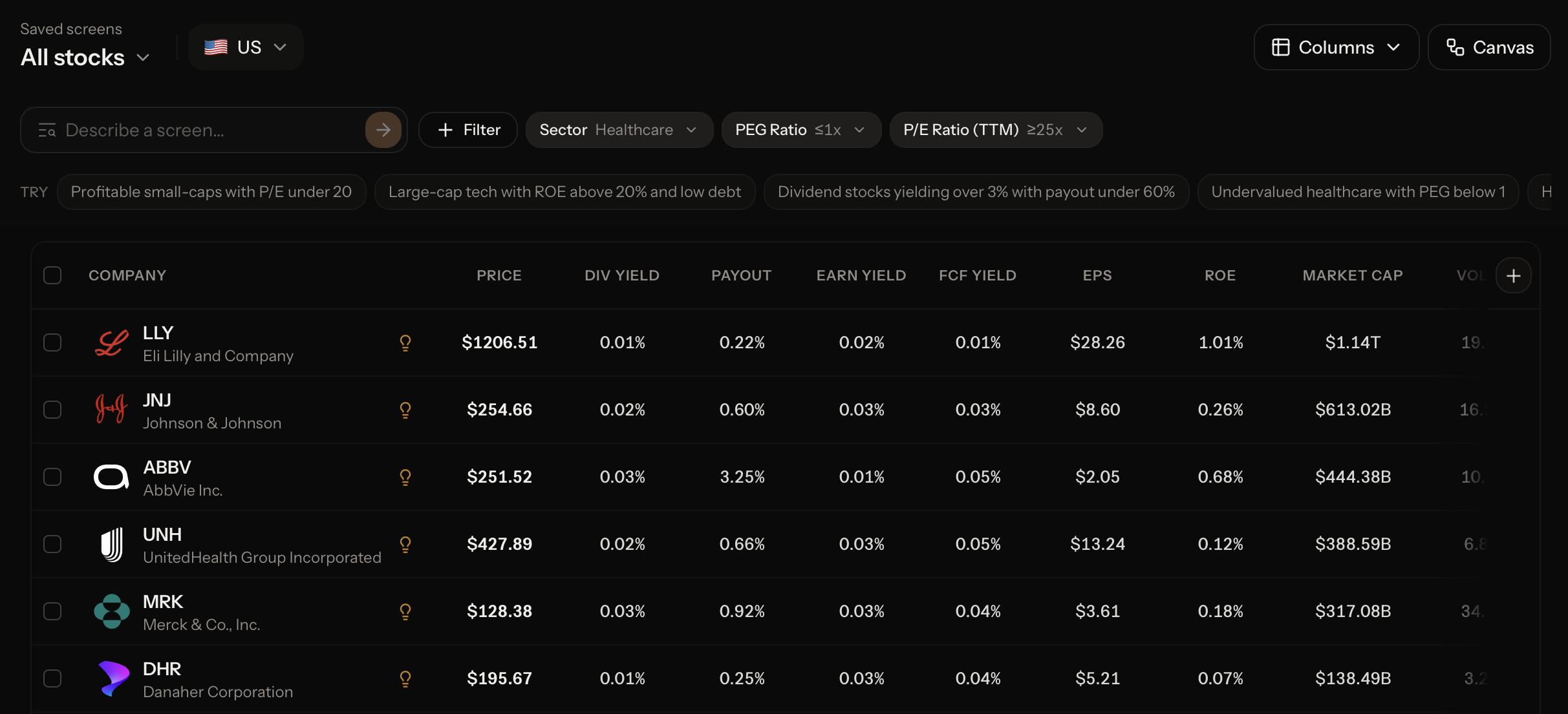 finqOS stock screener filtering thousands of stocks across fundamental and technical metrics
